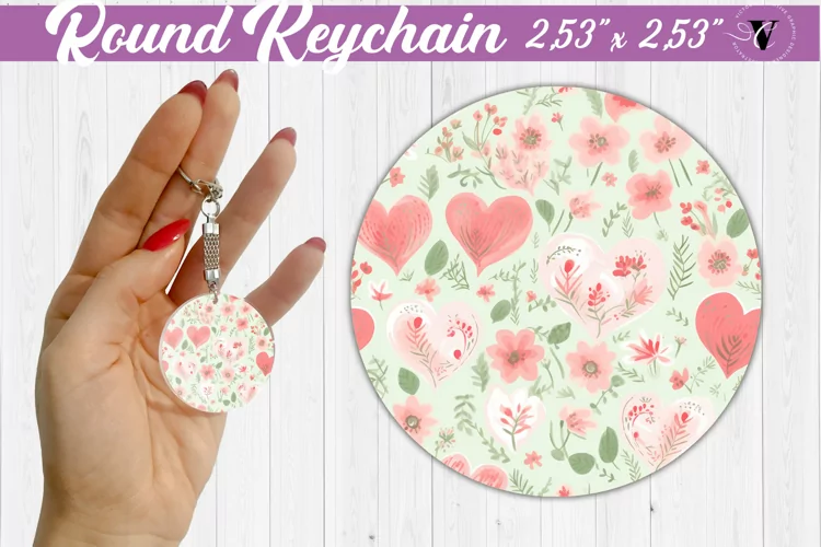 Spring Round Keychain | Watercolor flowers, hearts pattern