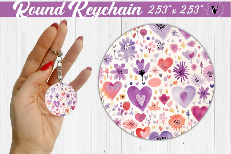 Round Keychain | Hearts and flowers | Folk art