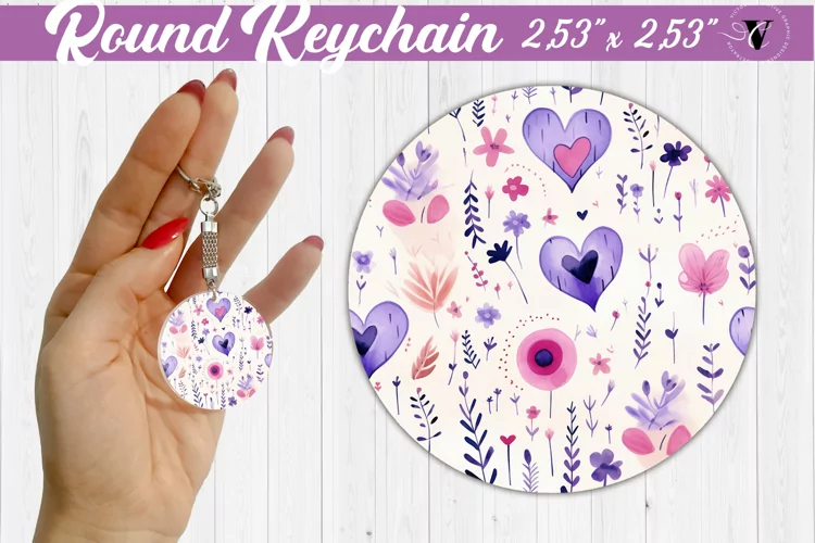 Spring Round Keychain | Watercolor flowers, hearts pattern