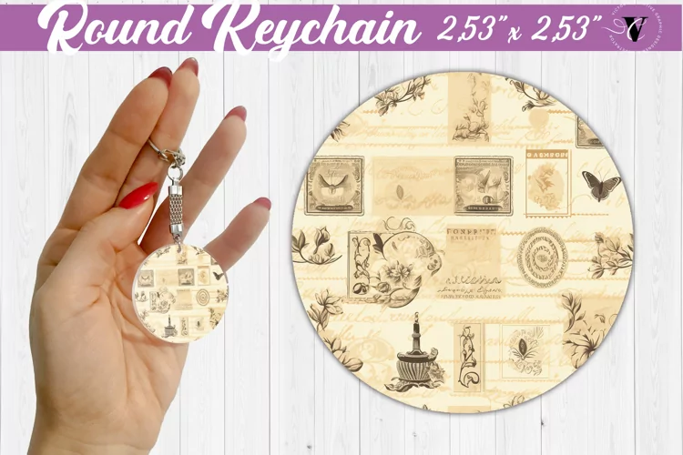 Round Keychain | Love stamps | Vintage