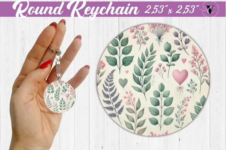 Spring Round Keychain | Watercolor flowers, hearts pattern