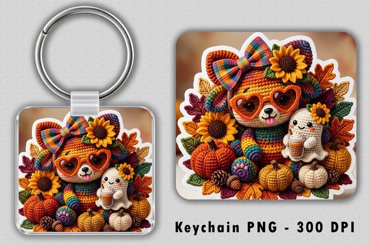 Crochet Bear & Ghost Autumn Keychain PNG Sublimation example image 1
