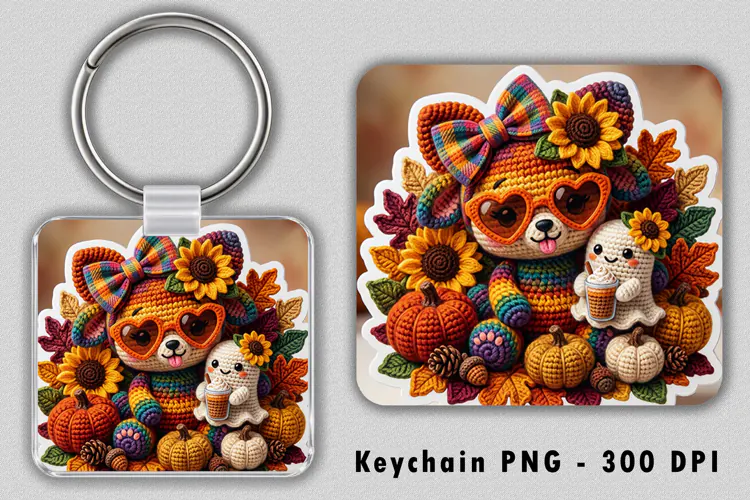 Crochet Bear & Ghost Autumn Keychain PNG Sublimation