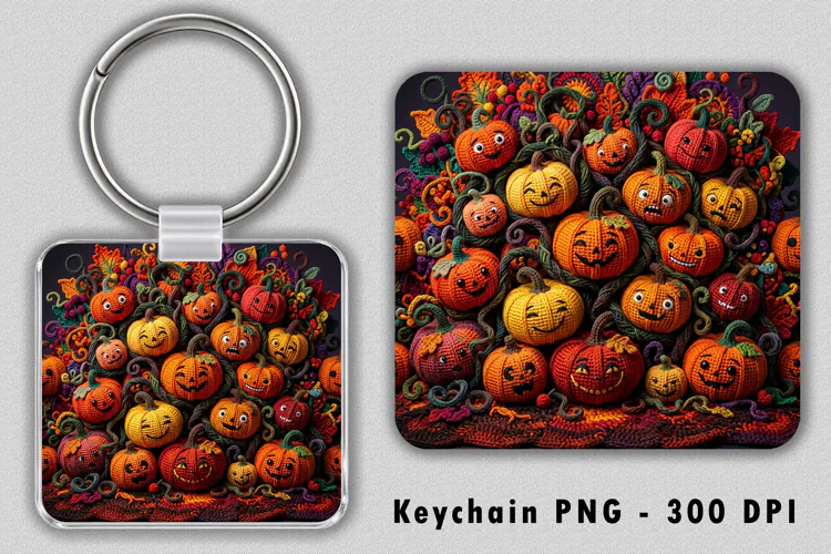 Crochet Halloween Pumpkin Patch Keychain Sublimation PNG 300