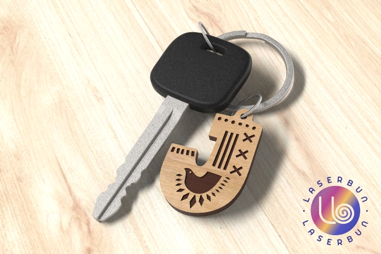 J Letter Keychain SVG File with Engraved Folk Pattern Art
