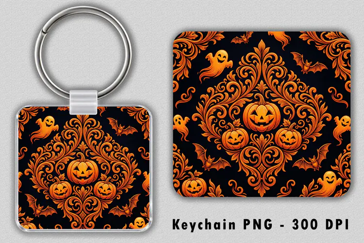 Spooky Damask Pumpkin Keychain Sublimation PNG