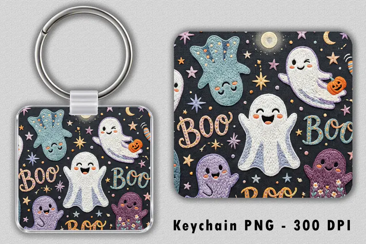 Embroidered Ghost BOO Keychain PNG