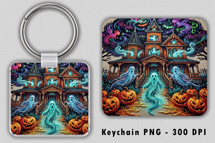 Embroidered Haunted House Keychain PNG Halloween Sublimation example image 1