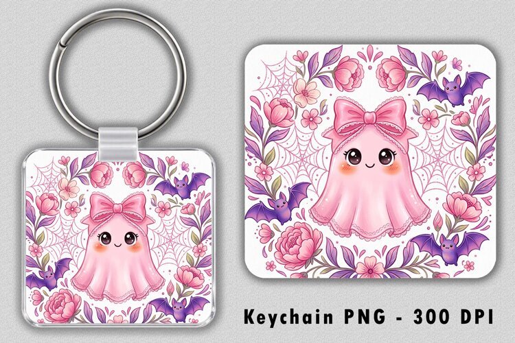 Cute Pink Ghost and Bat Keychain PNG example image 1