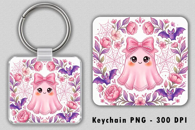 Cute Pink Ghost and Bat Keychain PNG