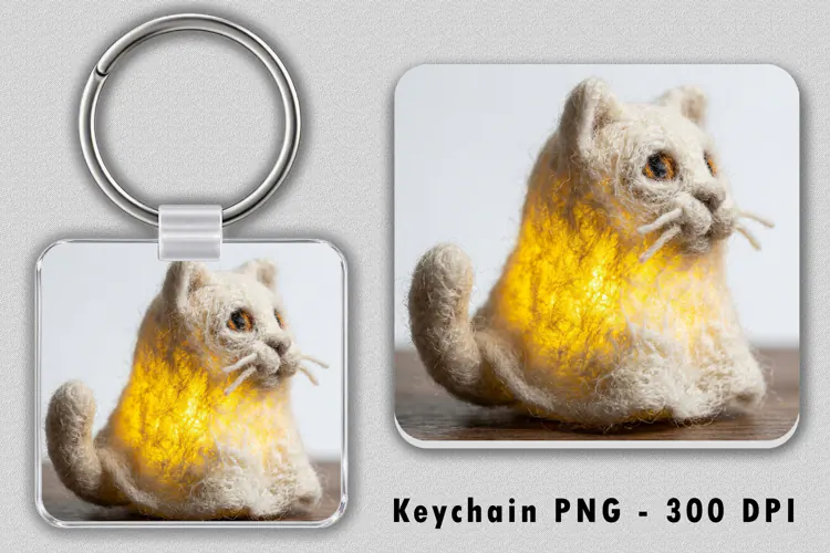 Felted White Cat Keychain PNG Cute Glowing Animal Sublimatio