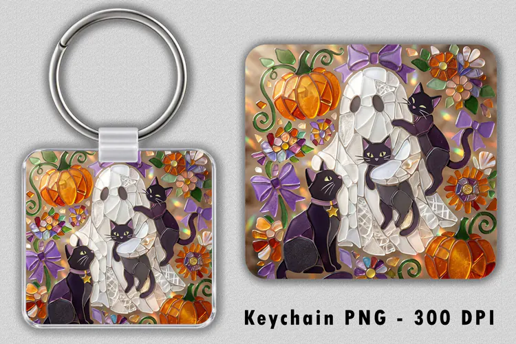 Spooky Cat and Ghost Keychain PNG