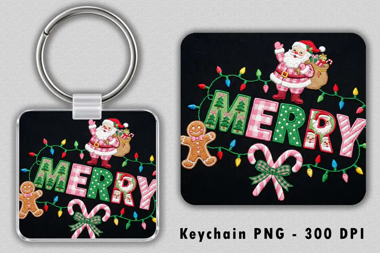 Embroidered Pink Merry Christmas Keychain Sublimation PNG