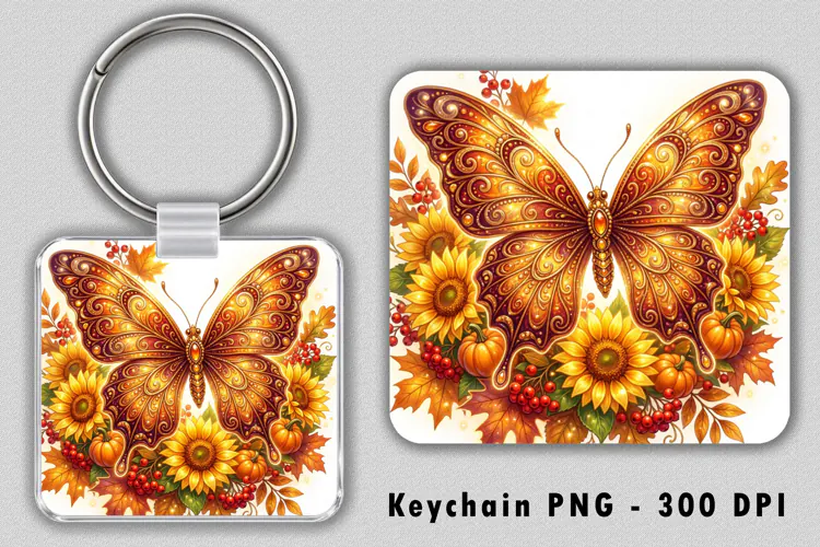 Fall Butterfly Sunflower Keychain PNG Sublimation Design