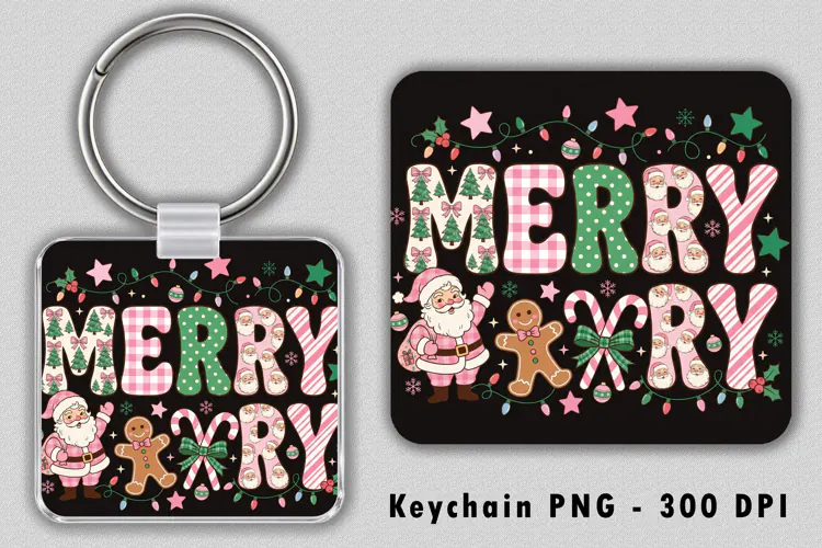 Pink Christmas Merry Keychain Sublimation PNG 300 DPI