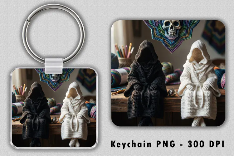 Crochet Grim Reaper Keychain PNG Spooky Sublimation Design