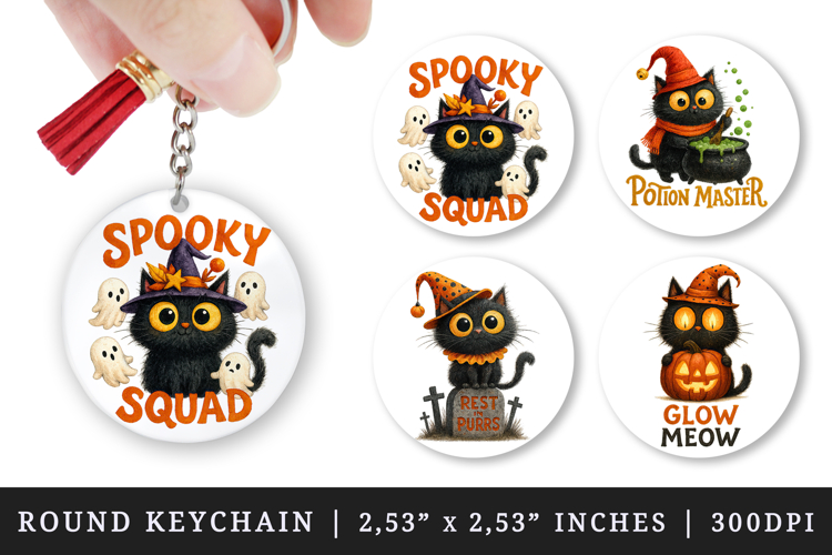 Halloween black cat quote round keychain sublimation design