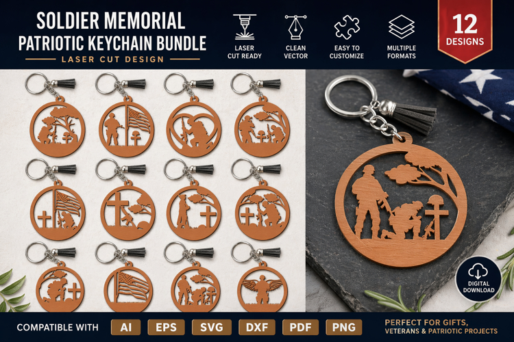 Keychain Soldier memorial Patriotic 4 th July Lasercut