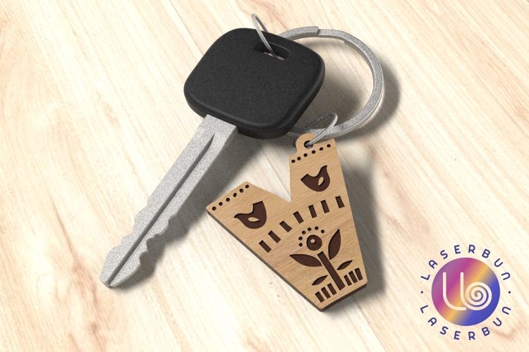 V Letter Keychain SVG with Engraved Folk Pattern Look