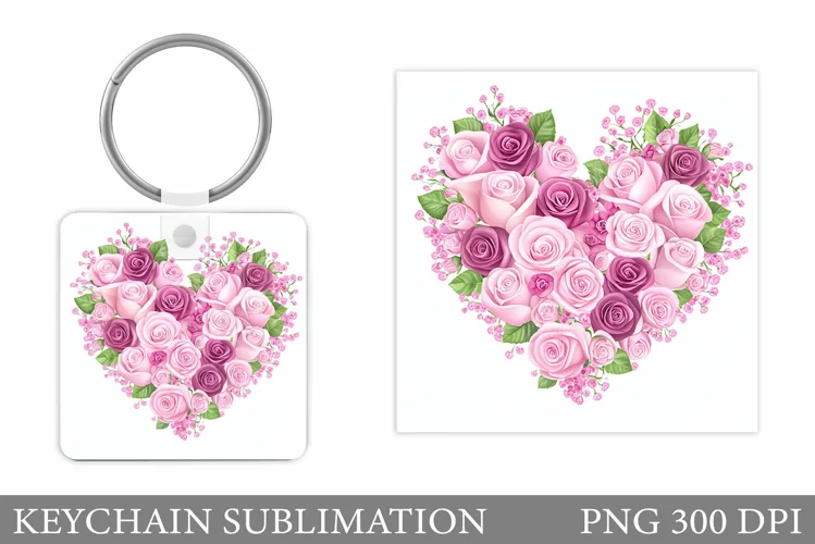 Roses Keychain Sublimation. Flowers Square Keychain Design