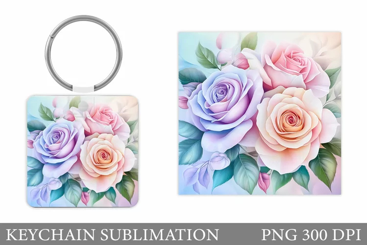 Roses Keychain Sublimation. Flowers Square Keychain Design