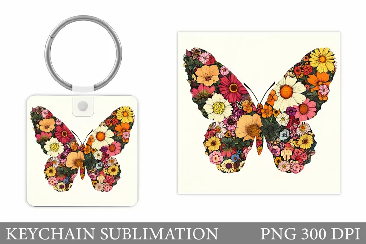 Butterfly Keychain Design. Flowers Keychain Sublimation