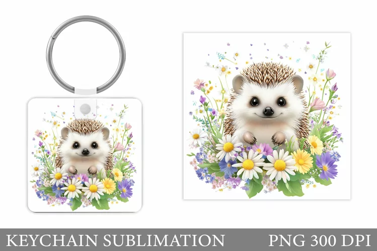 Cute Hedgehog Keychain Design. Hedgehog Flowers Keychain