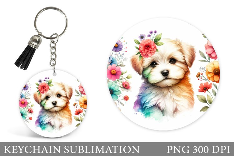 Cute Dog Keychain Sublimation. Dog Flowers Keychain Design