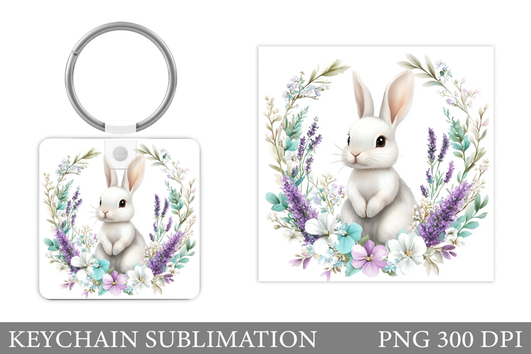 Cute Bunny Keychain. Bunny Flowers Keychain Sublimation