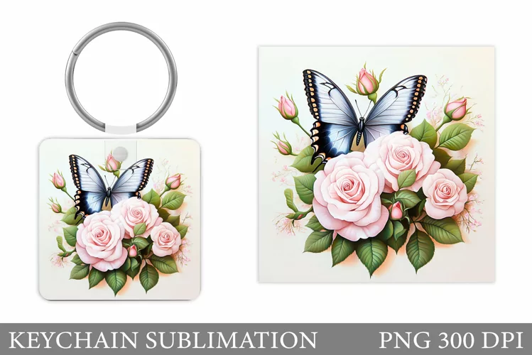 Butterfly Keychain Design. Flowers Keychain Sublimation