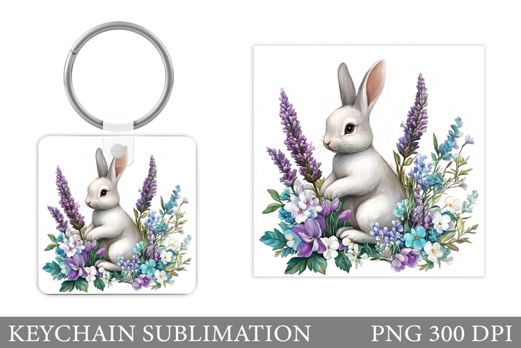 Cute Bunny Keychain. Bunny Flowers Keychain Sublimation