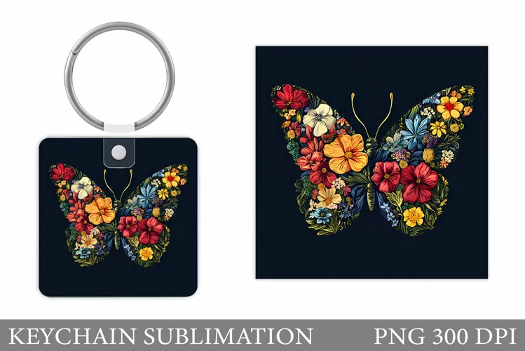 Butterfly Keychain Design. Flowers Keychain Sublimation