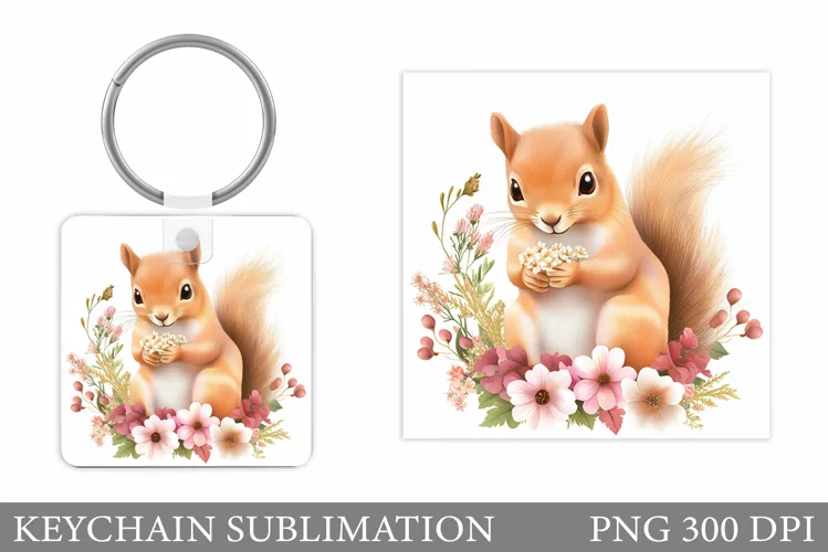 Cute Squirrel Keychain. Squirrel Flowers Keychain
