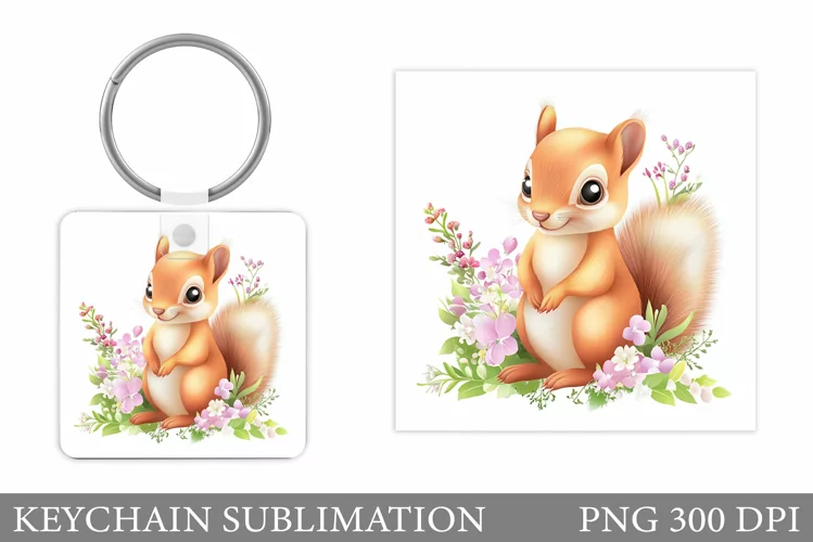Cute Squirrel Keychain. Squirrel Flowers Keychain