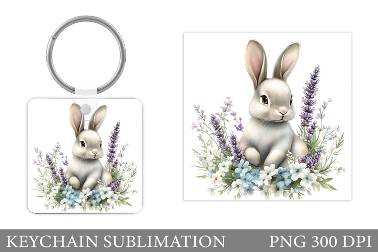 Cute Bunny Keychain. Bunny Flowers Keychain Sublimation