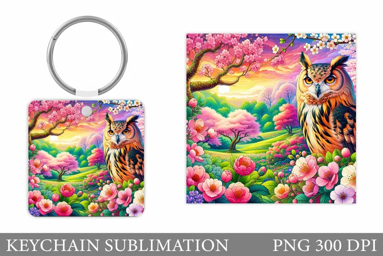 Owl Keychain Design. Owl Flowers Keychain Sublimation