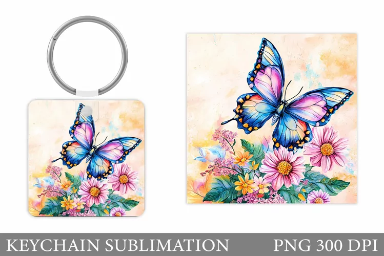 Butterfly Keychain Design. Flowers Keychain Sublimation