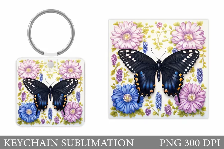 Butterfly Keychain Design. Flowers Keychain Sublimation
