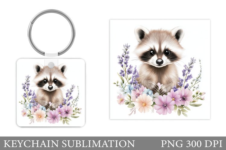 Cute Raccoon Keychain Design. Raccoon Flowers Keychain