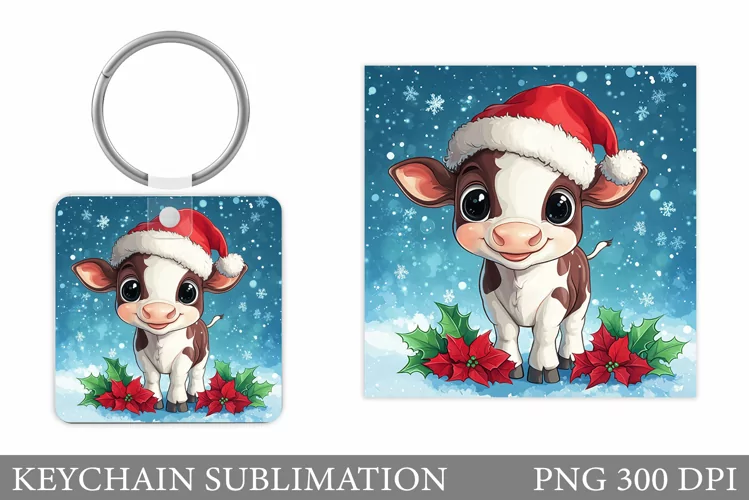 Christmas Cow Keychain. Christmas Keychain Sublimation