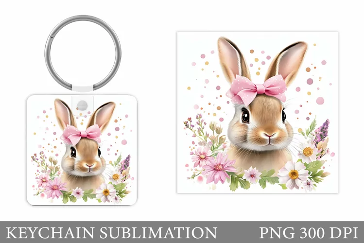 Cute Bunny Keychain. Bunny Flowers Keychain Sublimation