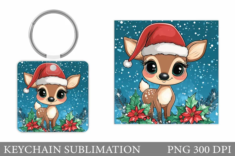 Cute Deer Keychain Design. Christmas Keychain Sublimation