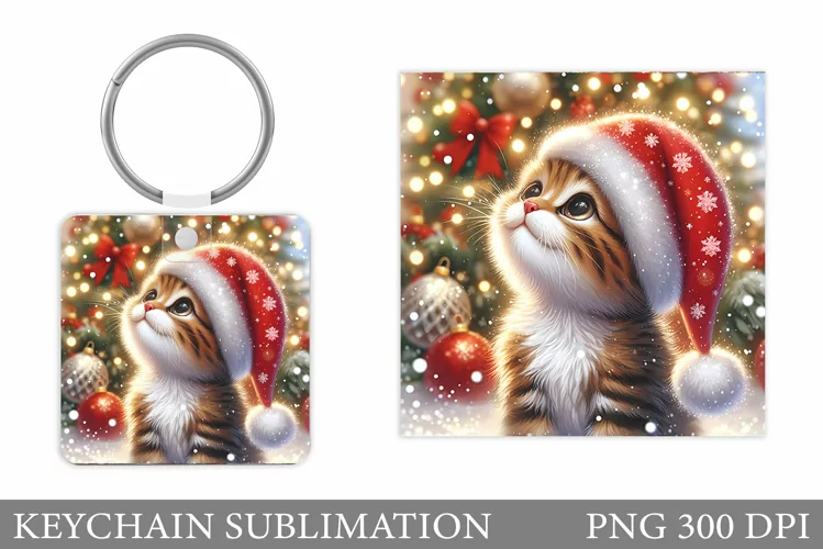 Christmas Cat Keychain. Christmas Keychain Sublimation