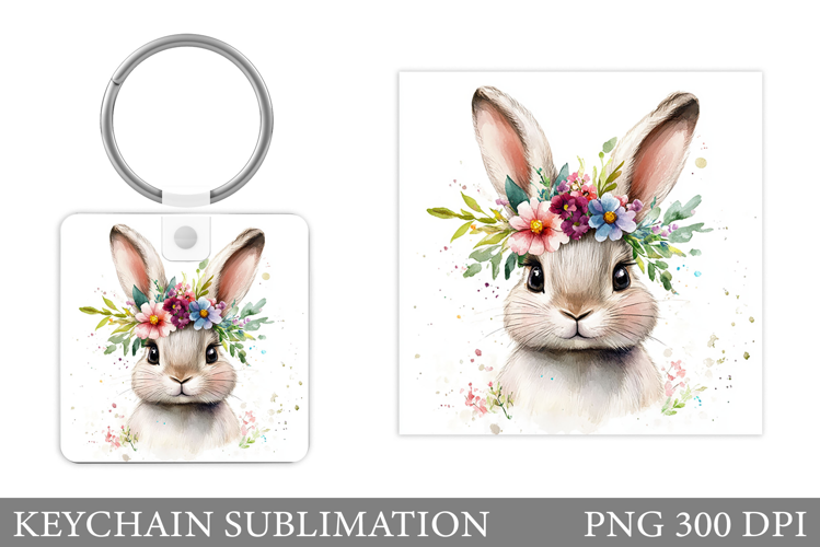 Cute Bunny Keychain. Bunny Flowers Keychain Sublimation