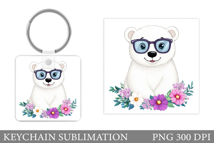 Polar Bear Keychain Design. Cute Bear Flowers Keychain