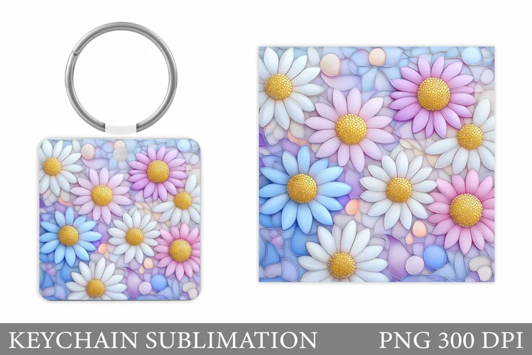 Daisy Flowers Keychain Design. Floral Keychain Sublimation