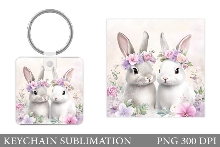 Cute Bunnies Keychain. Bunny Flowers Keychain Design