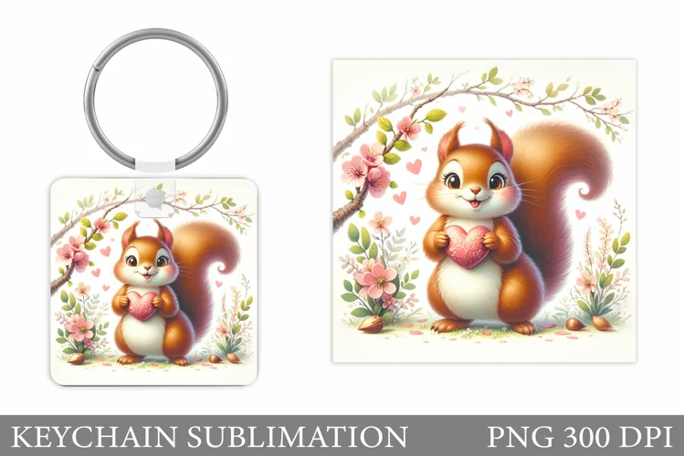 Cute Squirrel Keychain. Valentines Keychain Sublimation