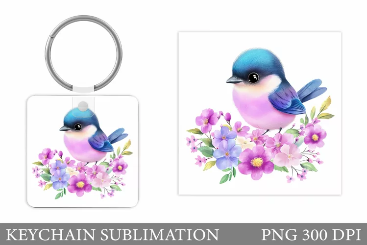Bird Keychain Sublimation. Bird Flowers Keychain Design