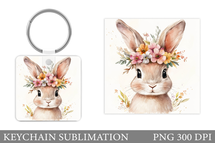 Cute Bunny Keychain. Bunny Flowers Keychain Sublimation